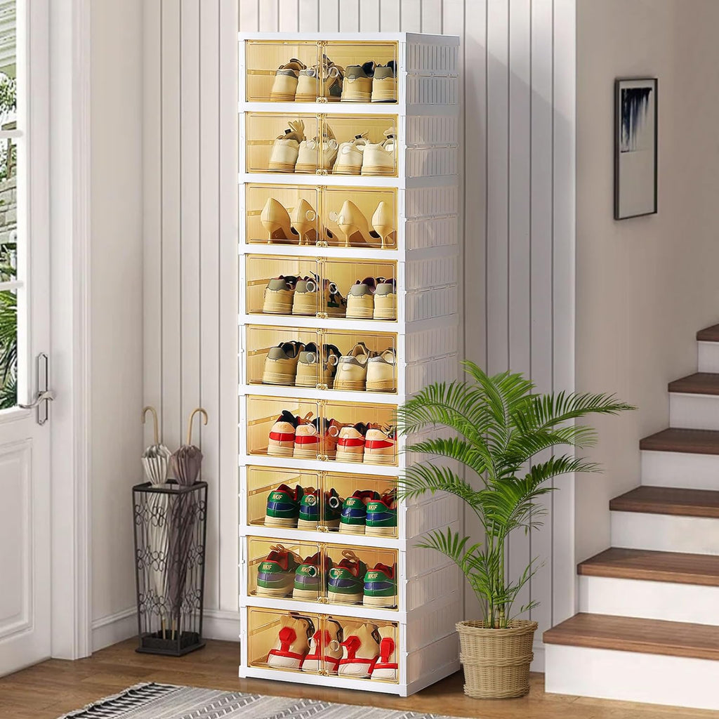 NLDD 9 Tier Foldable Shoe Rack Organizer for Closet 18Pairs Plastic Collapsible Shoe Racks Shelf Stackable Clear Folding Shoes Storage boxes for Small Spaces Narrow Shoe Storage Cabinet