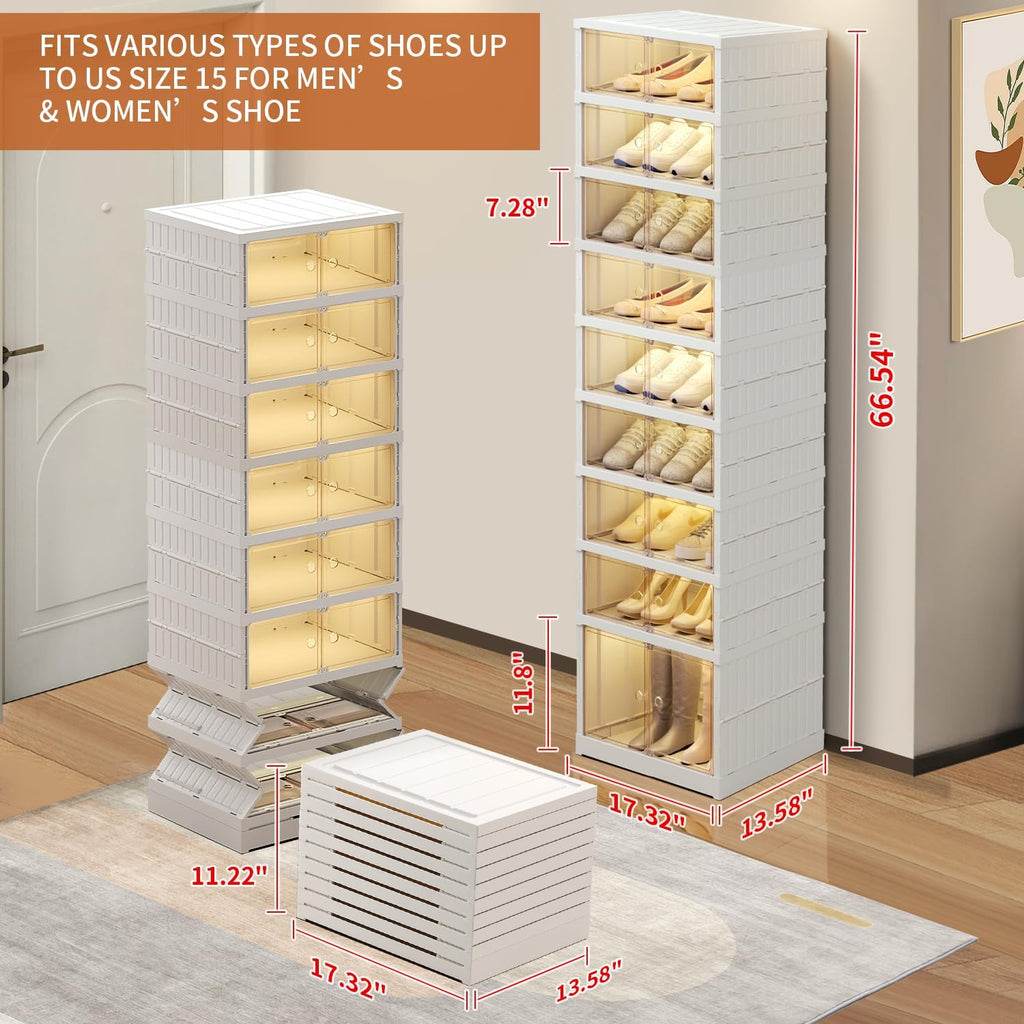 NLDD 9 Tier Foldable Shoe Rack Organizer for Closet 18Pairs Plastic Collapsible Shoe Racks Shelf Stackable Clear Folding Shoes Storage boxes for Small Spaces Narrow Shoe Storage Cabinet