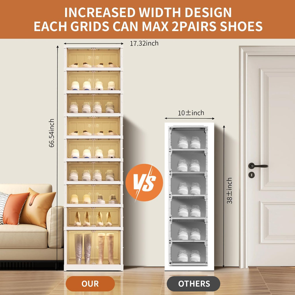 NLDD 9 Tier Foldable Shoe Rack Organizer for Closet 18Pairs Plastic Collapsible Shoe Racks Shelf Stackable Clear Folding Shoes Storage boxes for Small Spaces Narrow Shoe Storage Cabinet