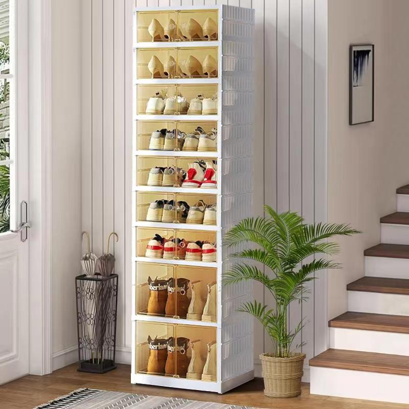 NLDD 9 Tier Foldable Shoe Rack Organizer for Closet 18Pairs Plastic Collapsible Shoe Racks Shelf Stackable Clear Folding Shoes Storage boxes for Small Spaces Narrow Shoe Storage Cabinet