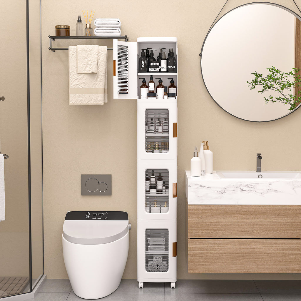 4-Tier Tall Narrow Storage Cabinet With Movable Wheels.
