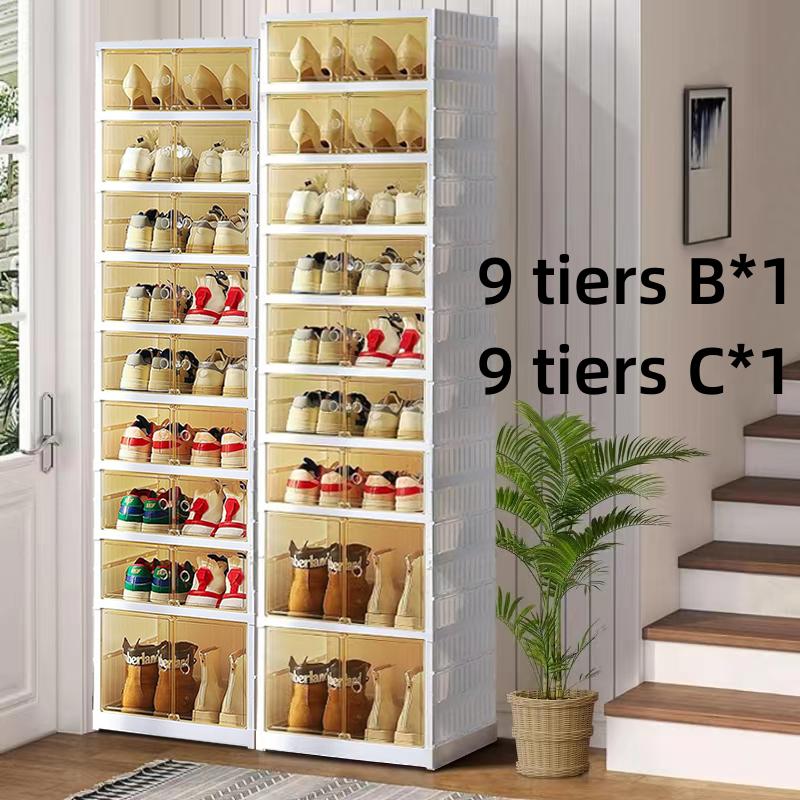 NLDD 9 Tier Foldable Shoe Rack Organizer for Closet 18Pairs Plastic Collapsible Shoe Racks Shelf Stackable Clear Folding Shoes Storage boxes for Small Spaces Narrow Shoe Storage Cabinet
