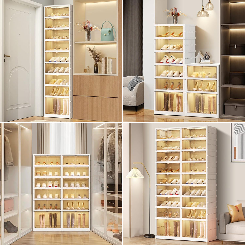 NLDD 9 Tier Foldable Shoe Rack Organizer for Closet 18Pairs Plastic Collapsible Shoe Racks Shelf Stackable Clear Folding Shoes Storage boxes for Small Spaces Narrow Shoe Storage Cabinet