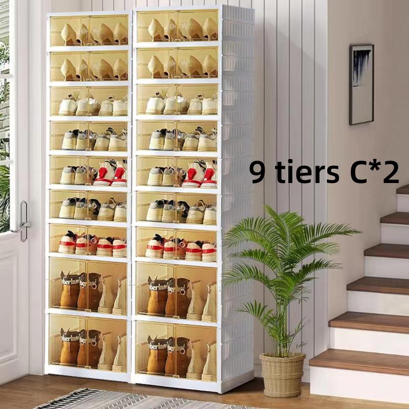NLDD 9 Tier Foldable Shoe Rack Organizer for Closet 18Pairs Plastic Collapsible Shoe Racks Shelf Stackable Clear Folding Shoes Storage boxes for Small Spaces Narrow Shoe Storage Cabinet