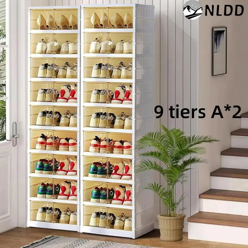 NLDD Expandable 9-Tier Shoe Rack with Clear Doors and Wheels: Collapsible Plastic Storage for 18 Pairs, Space Saving Cabinet for Bedroom Box Boxes, Shoe Box