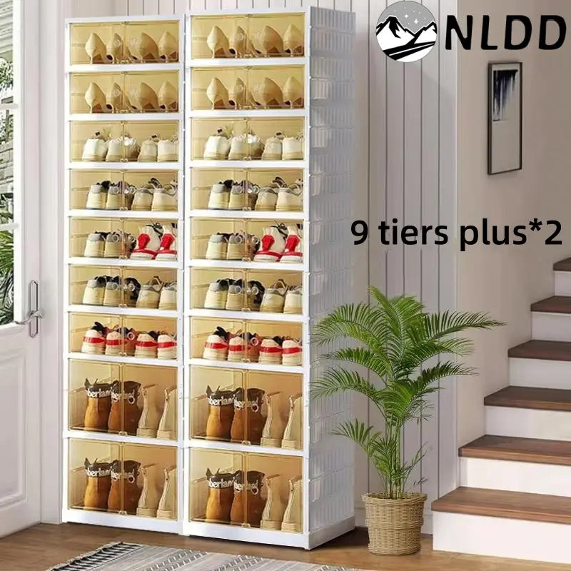NLDD Expandable 9-Tier Shoe Rack with Clear Doors and Wheels: Collapsible Plastic Storage for 18 Pairs, Space Saving Cabinet for Bedroom Box Boxes, Shoe Box