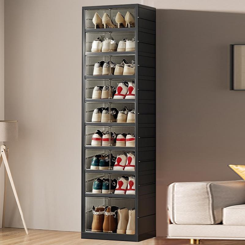 NLDD's 9-Level Clear Shoe Rack Revolution: Collapsible-Expandable Organizer for 18 Pairs, Compact Closet Essential with Transparent Boxes, Wheels Springtok Plastic shoe rack organizer Cabinet Light