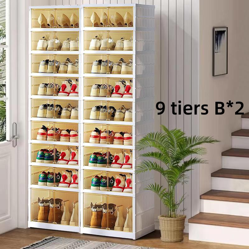 NLDD 9 Tier Foldable Shoe Rack Organizer for Closet 18Pairs Plastic Collapsible Shoe Racks Shelf Stackable Clear Folding Shoes Storage boxes for Small Spaces Narrow Shoe Storage Cabinet