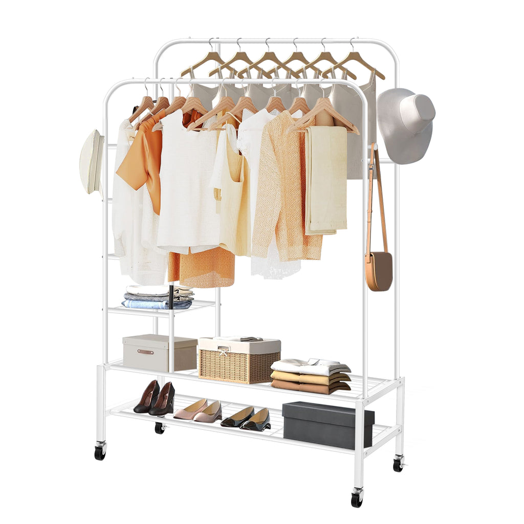 Metal Clothes Rack, Double Rods Clothes Portable Closet on Wheels, Wardrobe Clothes Organizer Rolling Clothing Racks for Hanging Clothes, Dress, Skirts, Shirts, Sweaters, Black