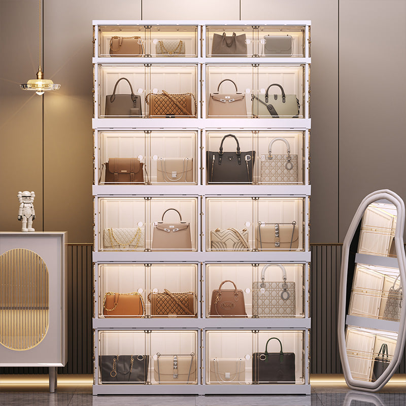 NLDD No-Assembly Foldable Display Cabinet, 3-Sided Clear Visible Showcase with Movable Wheels, Foldable Display Organizer with Magnetic Door, Free Combination for Narrow Spaces