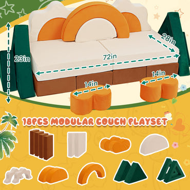 18PCS Modular Kids Play Couch - Junlge Theme Toddler Couch Building Fort