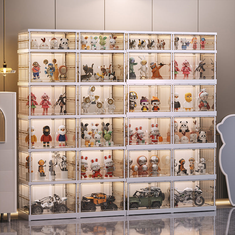 NLDD No-Assembly Foldable Display Cabinet, 3-Sided Clear Visible Showcase with Movable Wheels, Foldable Display Organizer with Magnetic Door, Free Combination for Narrow Spaces