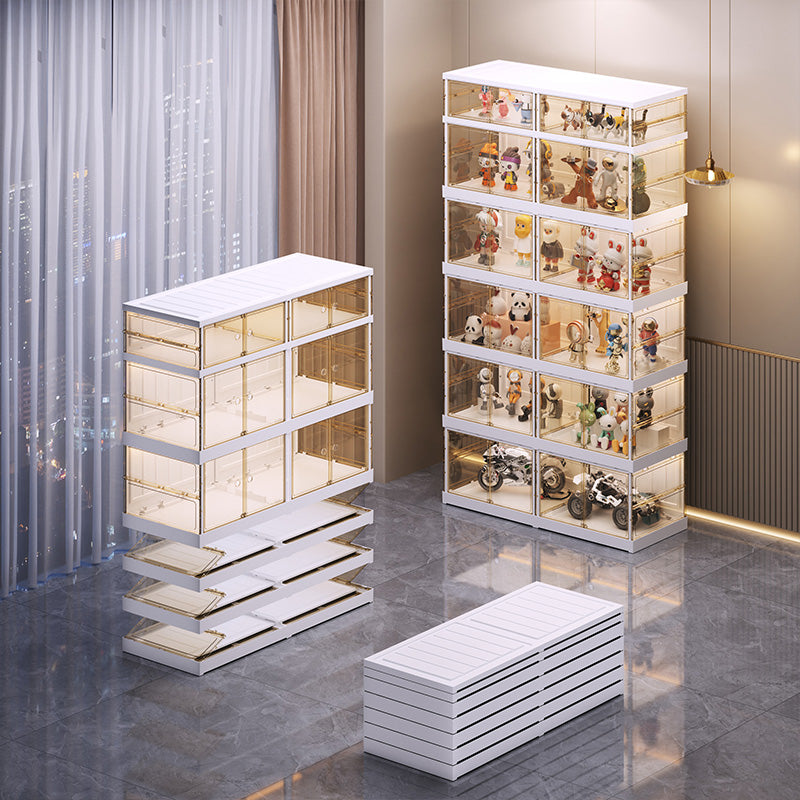 NLDD No-Assembly Foldable Display Cabinet, 3-Sided Clear Visible Showcase with Movable Wheels, Foldable Display Organizer with Magnetic Door, Free Combination for Narrow Spaces