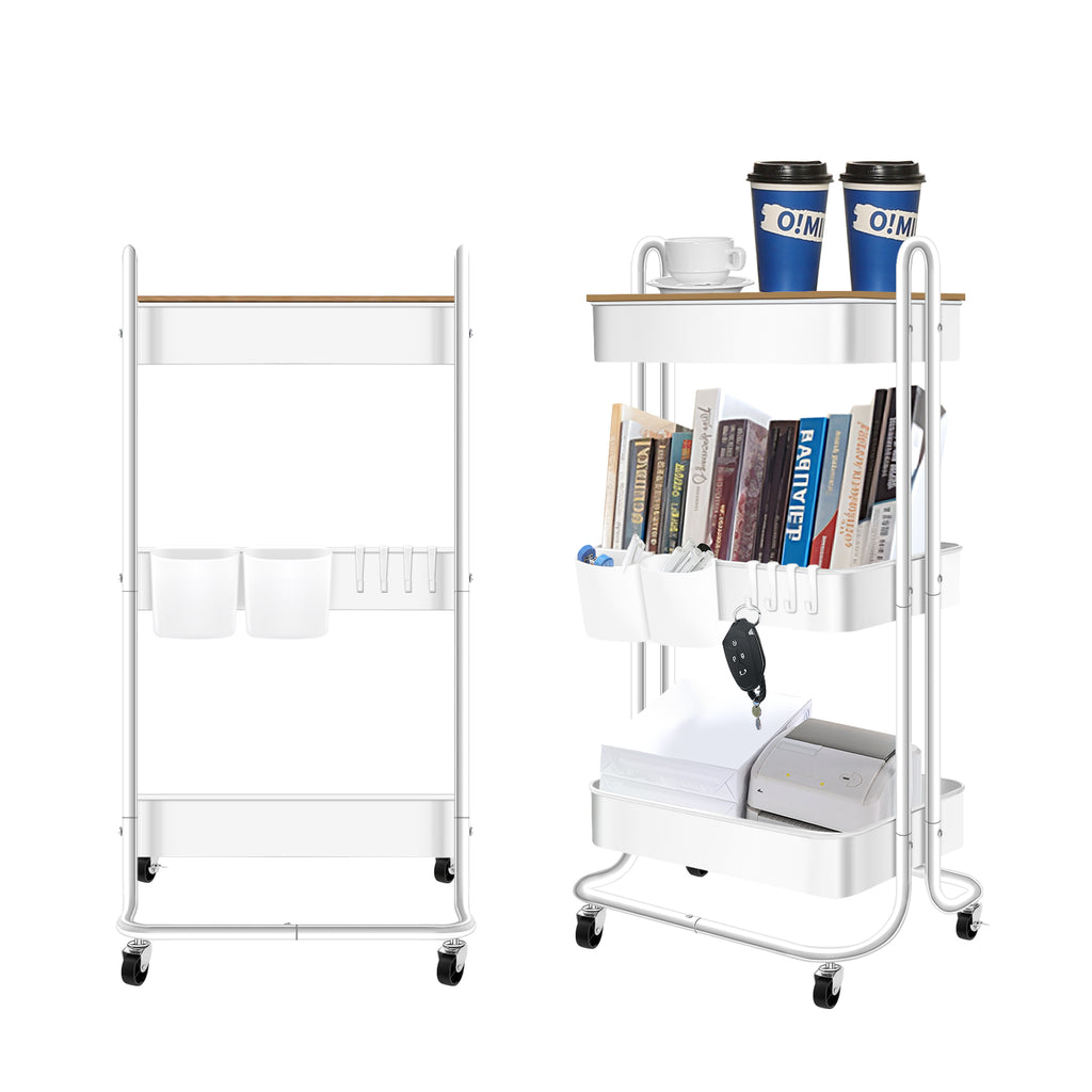 NLDD 3-Tier Utility Rolling Metal Storage Cart,Heavy Duty Multifunction Cart with Lockable Wheels,Cover,4 Hooks 2 Storage Boxes for Kitchen Living Room Office Bathroom (Carbon Steel, White)