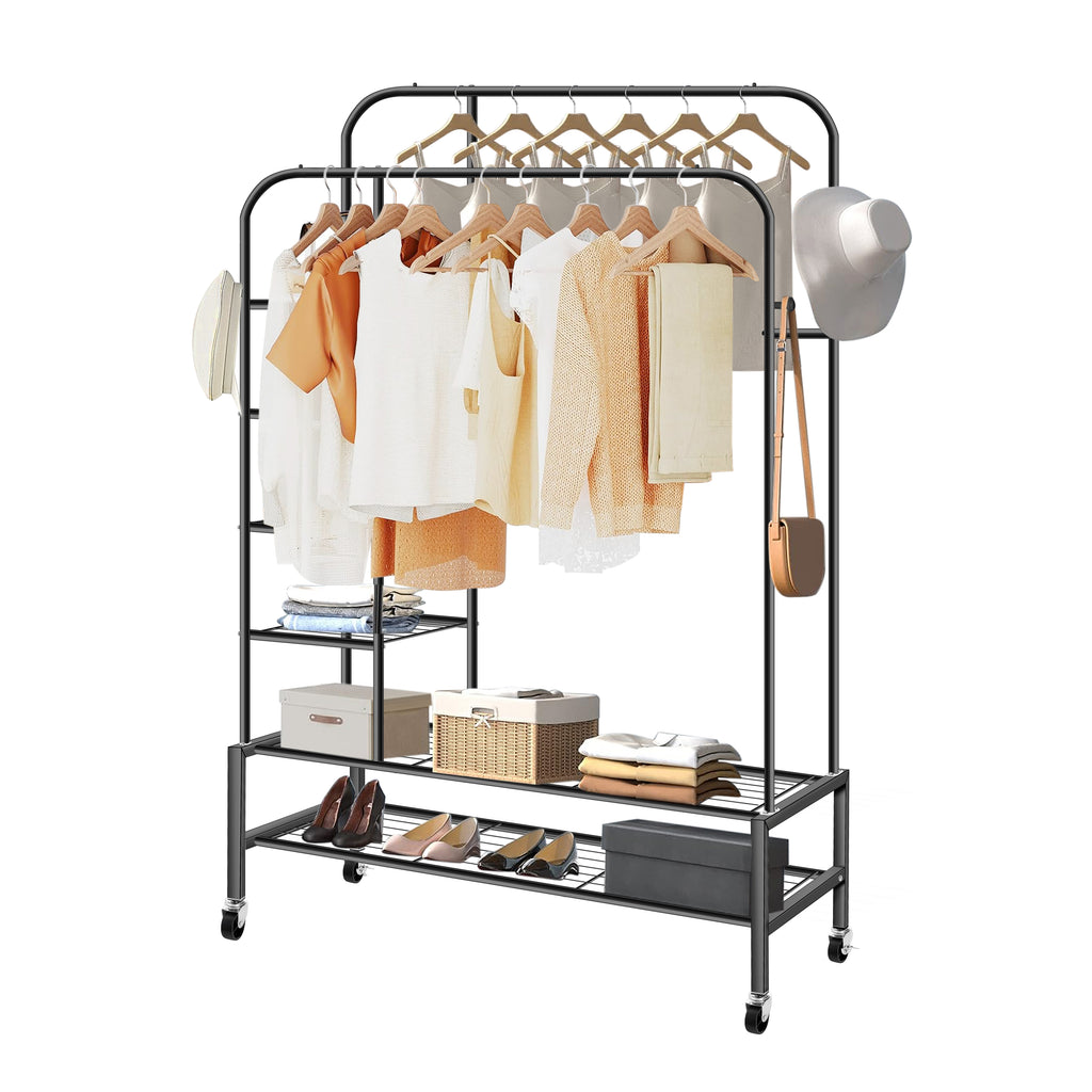 Metal Clothes Rack, Double Rods Clothes Portable Closet on Wheels, Wardrobe Clothes Organizer Rolling Clothing Racks for Hanging Clothes, Dress, Skirts, Shirts, Sweaters, Black