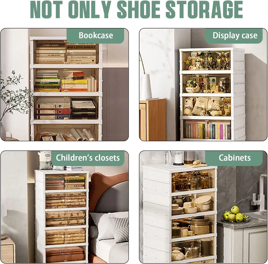 NLDD Expandable 9-Tier Shoe Rack with Clear Doors and Wheels: Collapsible Plastic Storage for 18 Pairs, Space Saving Cabinet for Bedroom Box Boxes, Shoe Box