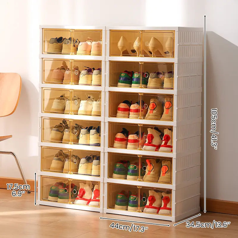 NLDD Expandable 9-Tier Shoe Rack with Clear Doors and Wheels: Collapsible Plastic Storage for 18 Pairs, Space Saving Cabinet for Bedroom Box Boxes, Shoe Box