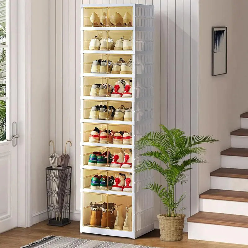 NLDD Expandable 9-Tier Shoe Rack with Clear Doors and Wheels: Collapsible Plastic Storage for 18 Pairs, Space Saving Cabinet for Bedroom Box Boxes, Shoe Box