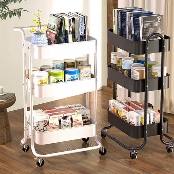 NLDD 3-Tier Utility Rolling Metal Storage Cart,Heavy Duty Multifunction Cart with Lockable Wheels,Cover,4 Hooks 2 Storage Boxes for Kitchen Living Room Office Bathroom (Carbon Steel, Black)