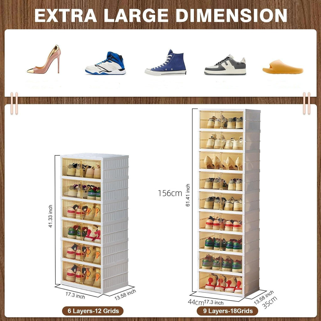 NLDD 9 Tier Foldable Shoe Rack Organizer for Closet 18Pairs Plastic Collapsible Shoe Racks Shelf Stackable Clear Folding Shoes Storage boxes for Small Spaces Narrow Shoe Storage Cabinet