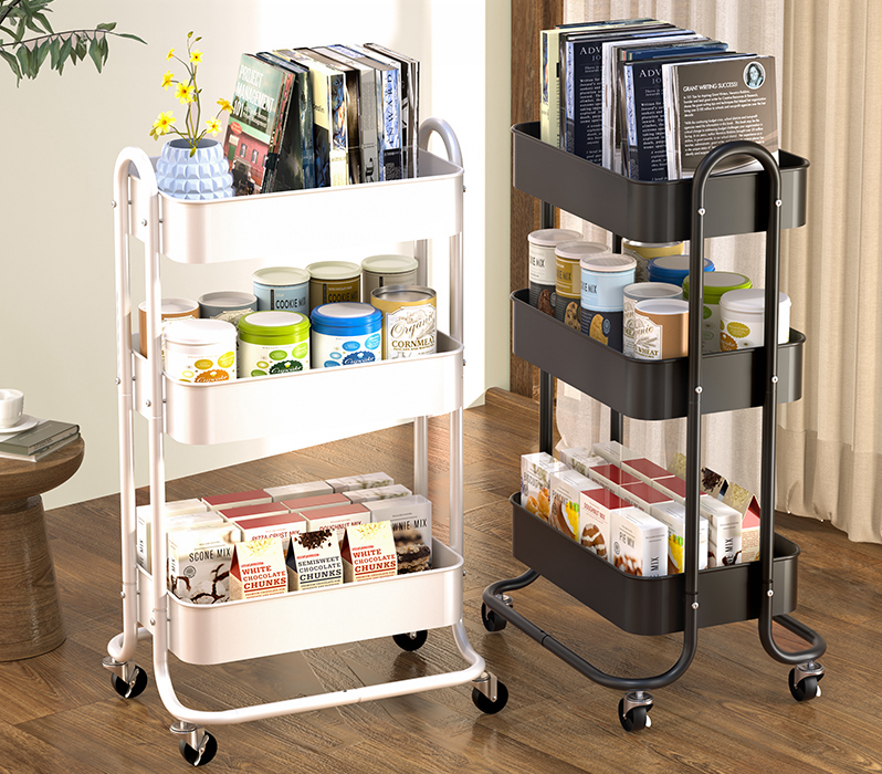 NLDD 3-Tier Utility Rolling Metal Storage Cart,Heavy Duty Multifunction Cart with Lockable Wheels,Cover,4 Hooks 2 Storage Boxes for Kitchen Living Room Office Bathroom (Carbon Steel, White)