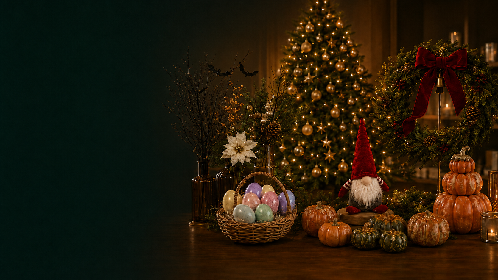 Seasonal decor collection with wreath, gnome, Easter eggs and autumn pumpkins