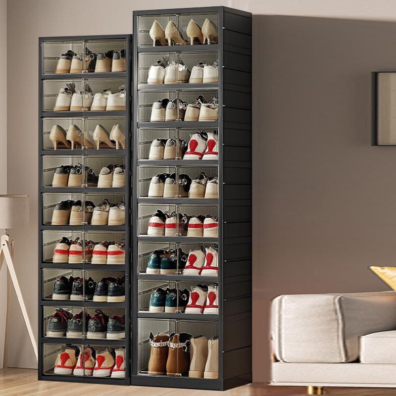 NLDD's 9-Level Clear Shoe Rack Revolution: Collapsible-Expandable Organizer for 18 Pairs, Compact Closet Essential with Transparent Boxes, Wheels Springtok Plastic shoe rack organizer Cabinet Light