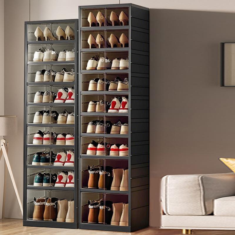 NLDD's 9-Level Clear Shoe Rack Revolution: Collapsible-Expandable Organizer for 18 Pairs, Compact Closet Essential with Transparent Boxes, Wheels Springtok Plastic shoe rack organizer Cabinet Light