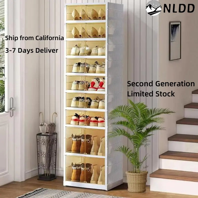 NLDD Expandable 9-Tier Shoe Rack with Clear Doors and Wheels: Collapsible Plastic Storage for 18 Pairs, Space Saving Cabinet for Bedroom Box Boxes, Shoe Box