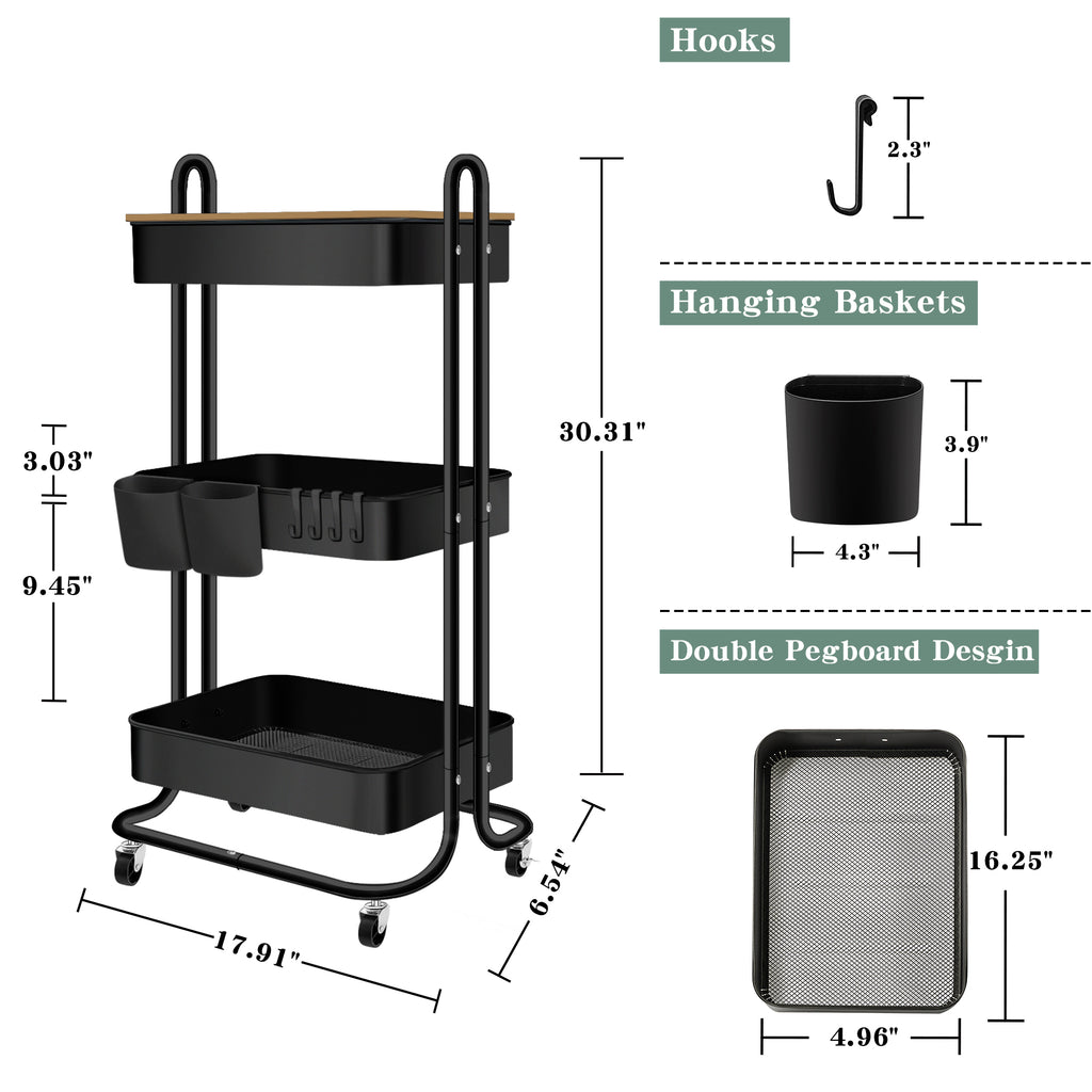 NLDD 3-Tier Utility Rolling Metal Storage Cart,Heavy Duty Multifunction Cart with Lockable Wheels,Cover,4 Hooks 2 Storage Boxes for Kitchen Living Room Office Bathroom (Carbon Steel, White)