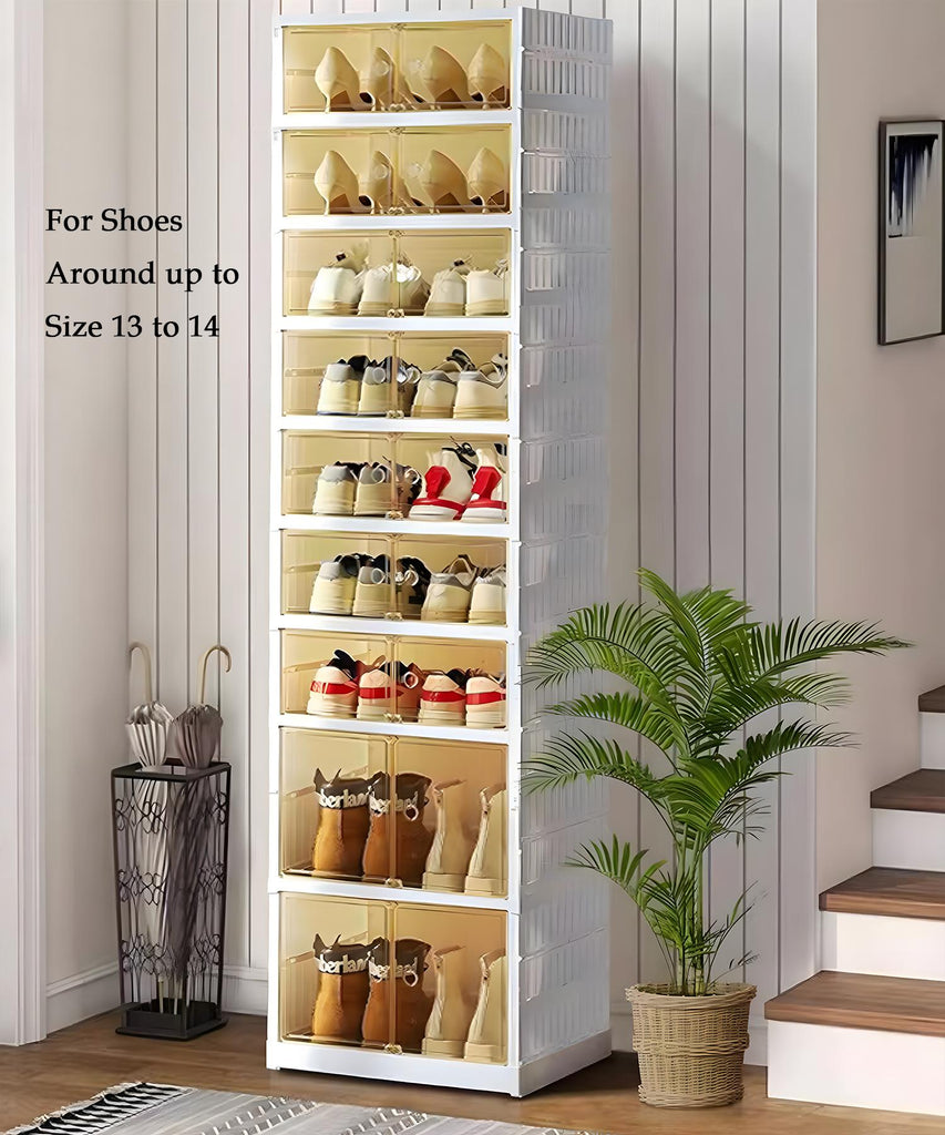 NLDD's 9-Level Clear Shoe Rack Revolution: Collapsible-Expandable Organizer for 18 Pairs, Compact Closet Essential with Transparent Boxes, Wheels Springtok Plastic shoe rack organizer Cabinet Light