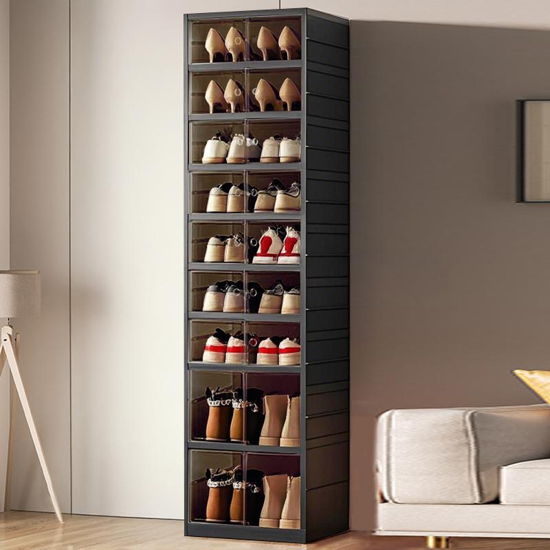 NLDD's 9-Level Clear Shoe Rack Revolution: Collapsible-Expandable Organizer for 18 Pairs, Compact Closet Essential with Transparent Boxes, Wheels Springtok Plastic shoe rack organizer Cabinet Light