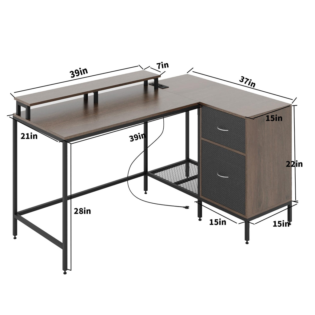 L Shaped Desk, Computer Desk with Power Outlets, Corner Desk with Drawers & Monitor Stand, Home Office Desk, Gaming Desk, Writing Desk, Brown