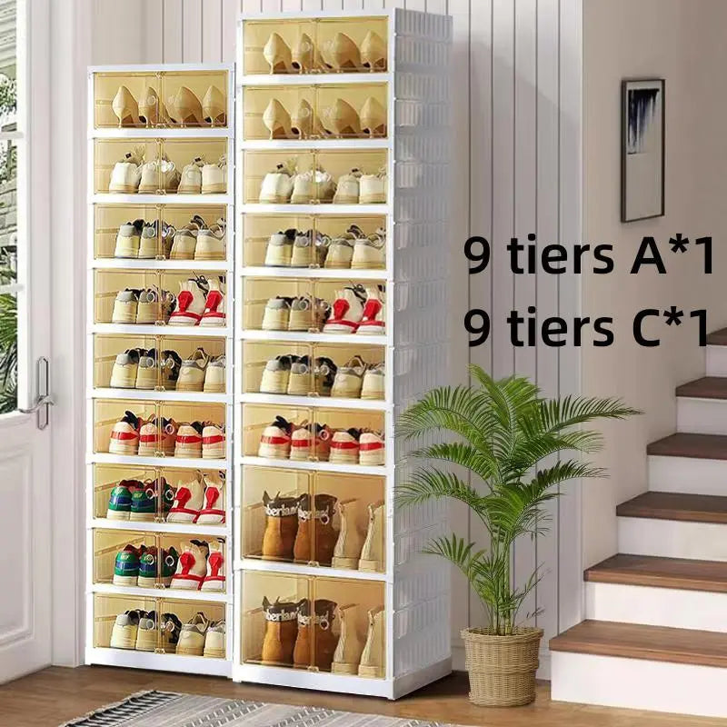 NLDD Expandable 9-Tier Shoe Rack with Clear Doors and Wheels: Collapsible Plastic Storage for 18 Pairs, Space Saving Cabinet for Bedroom Box Boxes, Shoe Box