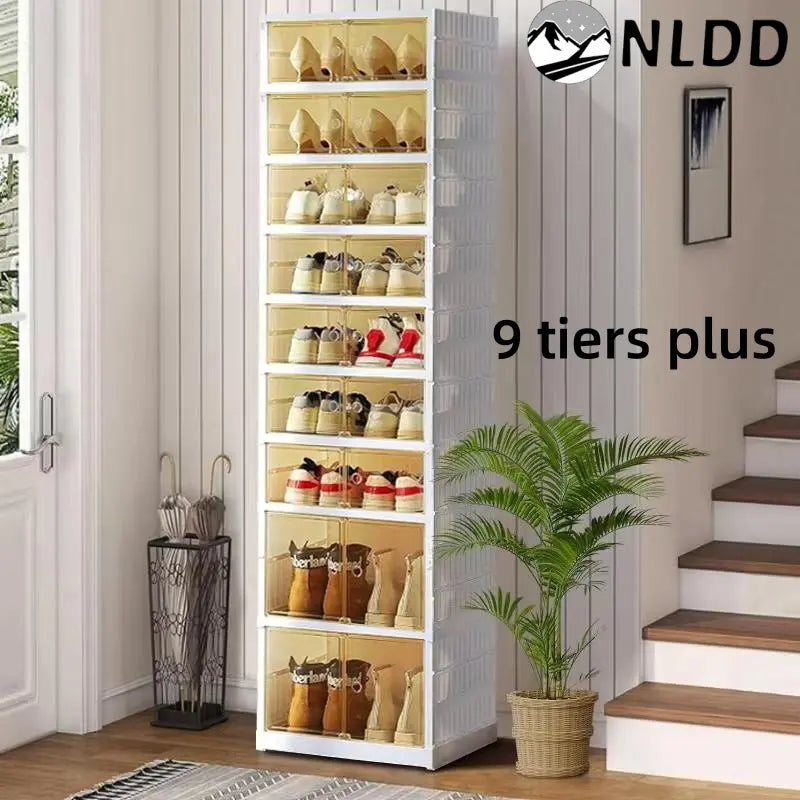 NLDD Expandable 9-Tier Shoe Rack with Clear Doors and Wheels: Collapsible Plastic Storage for 18 Pairs, Space Saving Cabinet for Bedroom Box Boxes, Shoe Box