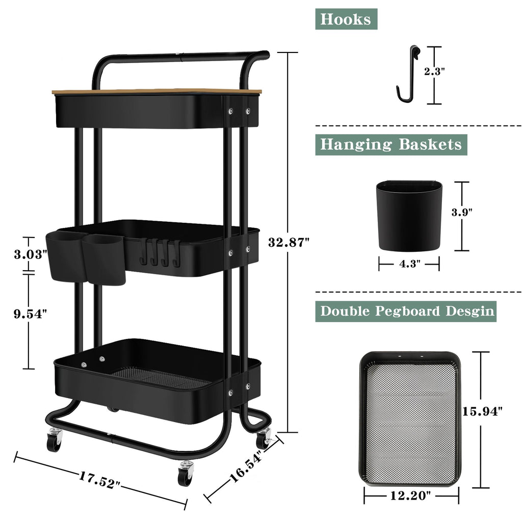 NLDD 3-Tier Utility Rolling Metal Storage Cart,Heavy Duty Multifunction Cart with Lockable Wheels,Cover,4 Hooks 2 Storage Boxes for Kitchen Living Room Office Bathroom (Carbon Steel, Black)