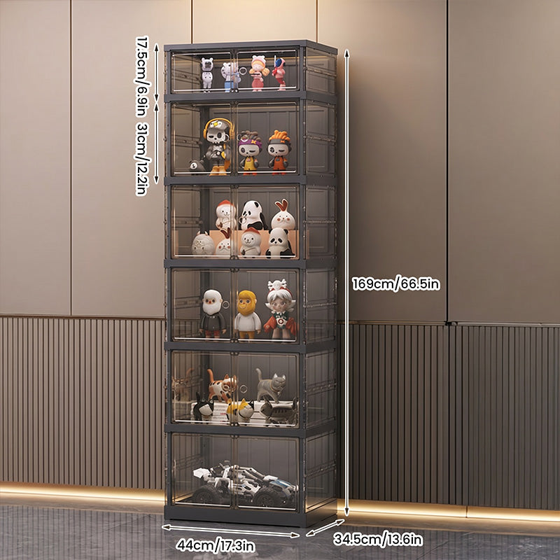 NLDD No-Assembly Foldable Display Cabinet, 3-Sided Clear Visible Showcase with Movable Wheels, Foldable Display Organizer with Magnetic Door, Free Combination for Narrow Spaces