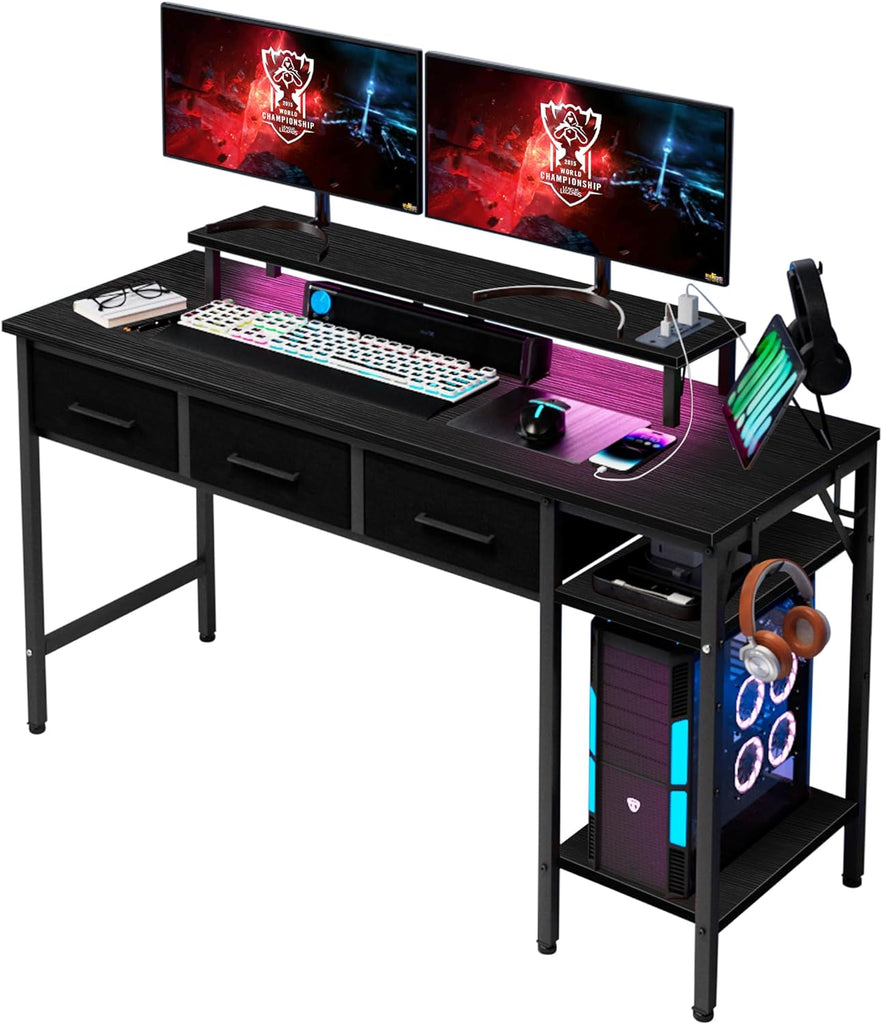 NLDD 55-inch Computer Desk with 3 Drawers, Gaming Desk with LED Lights & Power Outlets, Writing and Learning Desk with Long Monitor Stand, Gaming Desk for Home Office (Rustic Brown, 55inch)