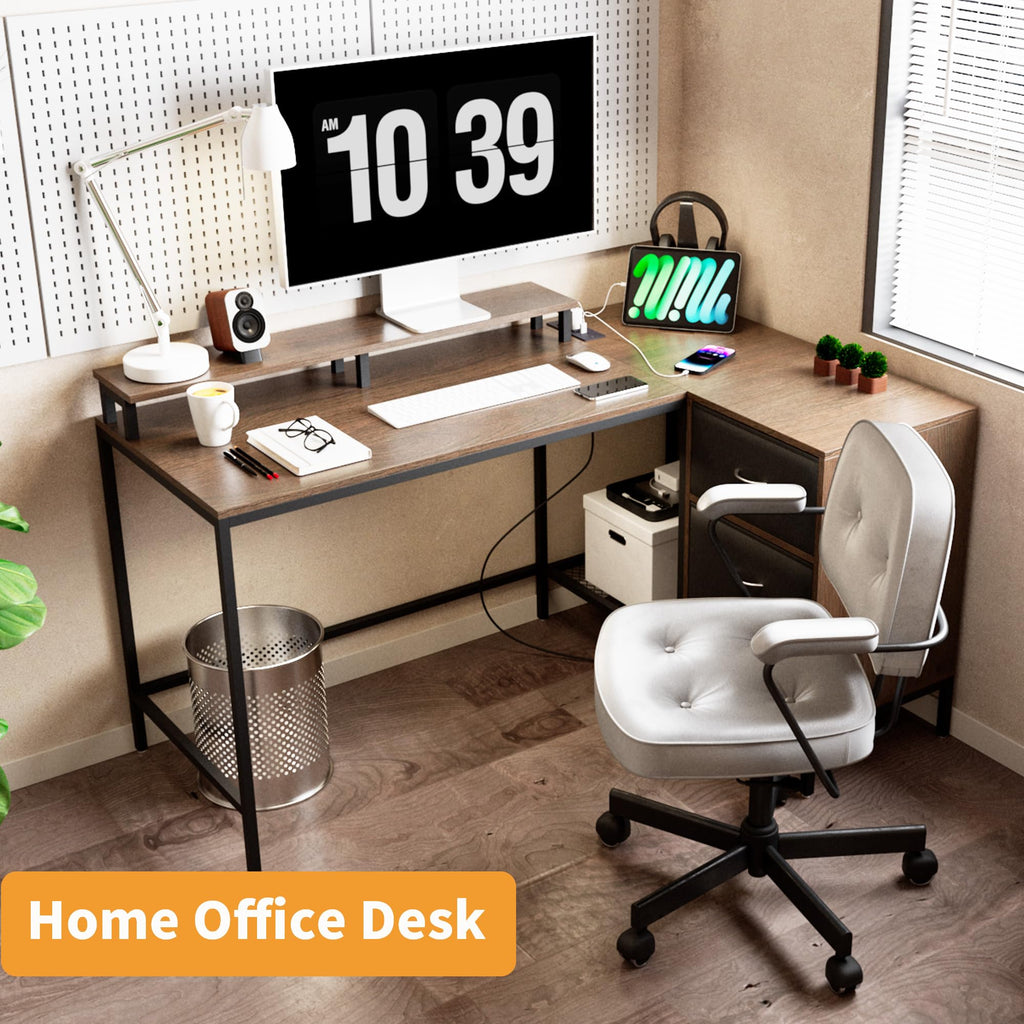 L Shaped Desk, Computer Desk with Power Outlets, Corner Desk with Drawers & Monitor Stand, Home Office Desk, Gaming Desk, Writing Desk, Brown