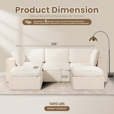 108" Cloud Sectional Couch with Sponge Cushion, Modern Modular Sofa