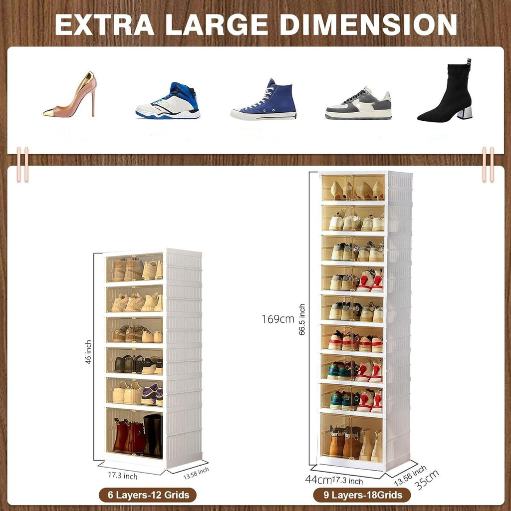 NLDD's 9-Level Clear Shoe Rack Revolution: Collapsible-Expandable Organizer for 18 Pairs, Compact Closet Essential with Transparent Boxes, Wheels Springtok Plastic shoe rack organizer Cabinet Light