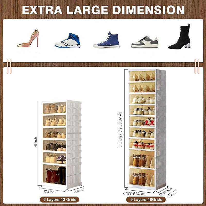 NLDD's 9-Level Clear Shoe Rack Revolution: Collapsible-Expandable Organizer for 18 Pairs, Compact Closet Essential with Transparent Boxes, Wheels Springtok Plastic shoe rack organizer Cabinet Light