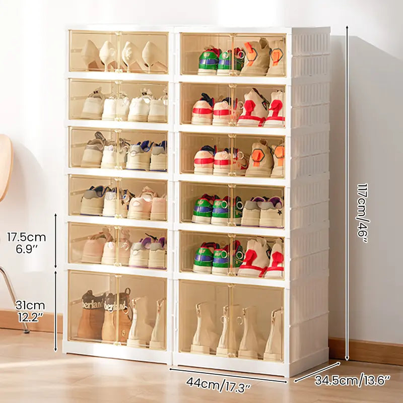 NLDD Expandable 9-Tier Shoe Rack with Clear Doors and Wheels: Collapsible Plastic Storage for 18 Pairs, Space Saving Cabinet for Bedroom Box Boxes, Shoe Box