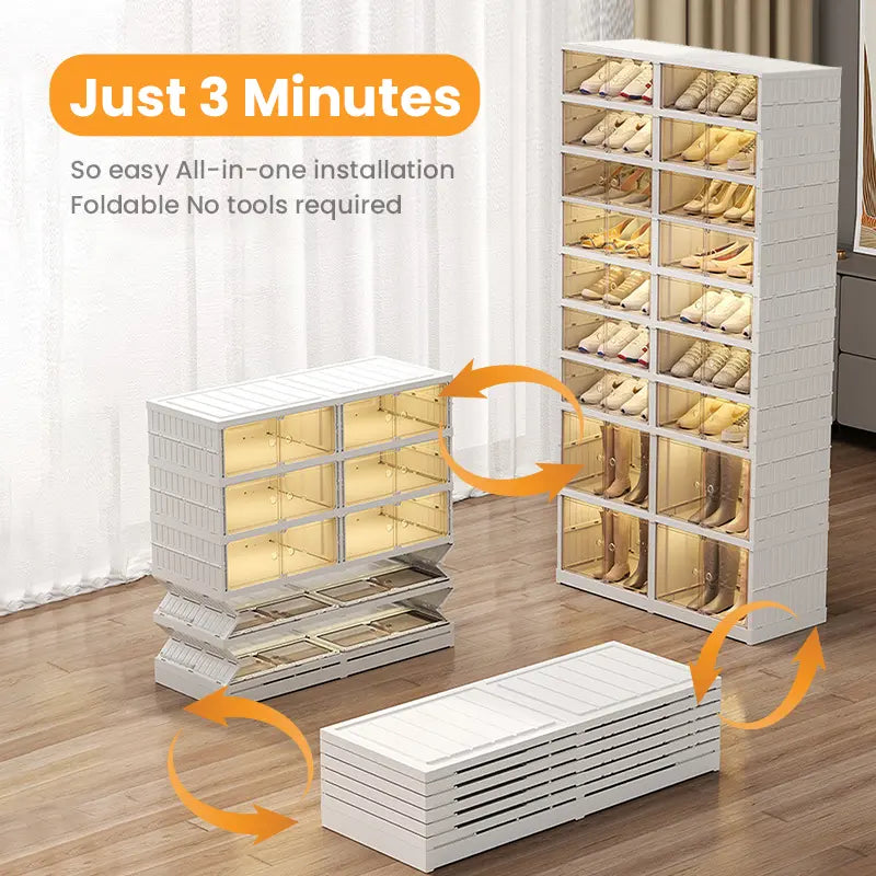NLDD Expandable 9-Tier Shoe Rack with Clear Doors and Wheels: Collapsible Plastic Storage for 18 Pairs, Space Saving Cabinet for Bedroom Box Boxes, Shoe Box
