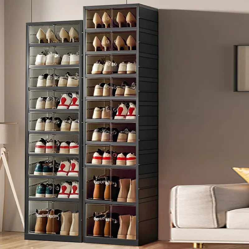 NLDD Expandable 9-Tier Shoe Rack with Clear Doors and Wheels: Collapsible Plastic Storage for 18 Pairs, Space Saving Cabinet for Bedroom Box Boxes, Shoe Box