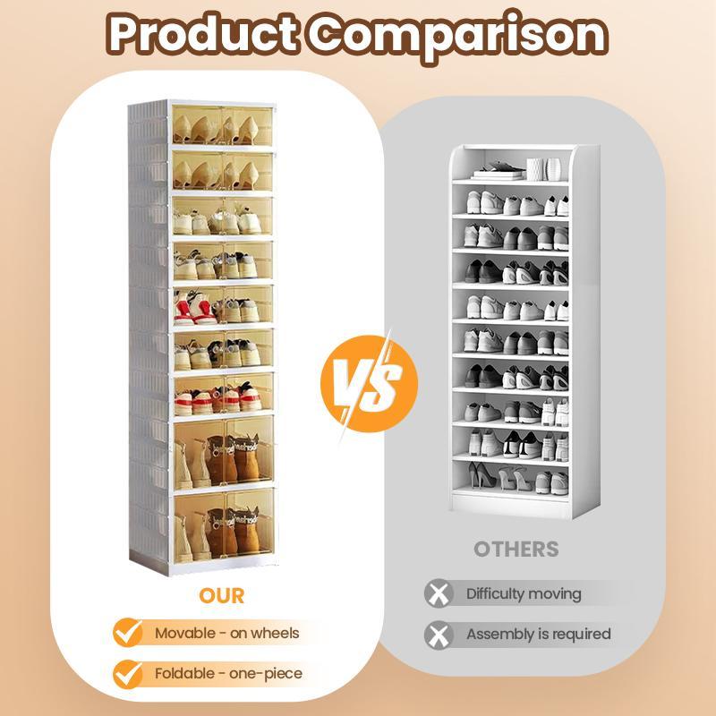 NLDD's 9-Level Clear Shoe Rack Revolution: Collapsible-Expandable Organizer for 18 Pairs, Compact Closet Essential with Transparent Boxes, Wheels Springtok Plastic shoe rack organizer Cabinet Light
