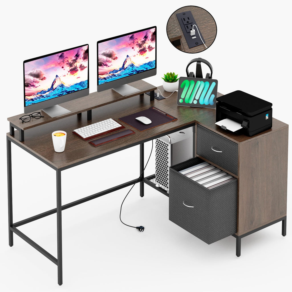 L Shaped Desk, Computer Desk with Power Outlets, Corner Desk with Drawers & Monitor Stand, Home Office Desk, Gaming Desk, Writing Desk, Brown