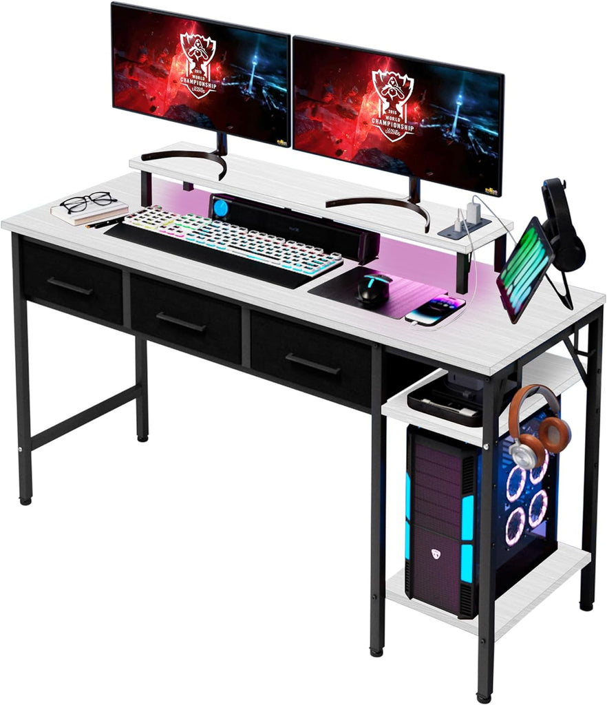 NLDD 55-inch Computer Desk with 3 Drawers, Gaming Desk with LED Lights & Power Outlets, Writing and Learning Desk with Long Monitor Stand, Gaming Desk for Home Office (Rustic Brown, 55inch)