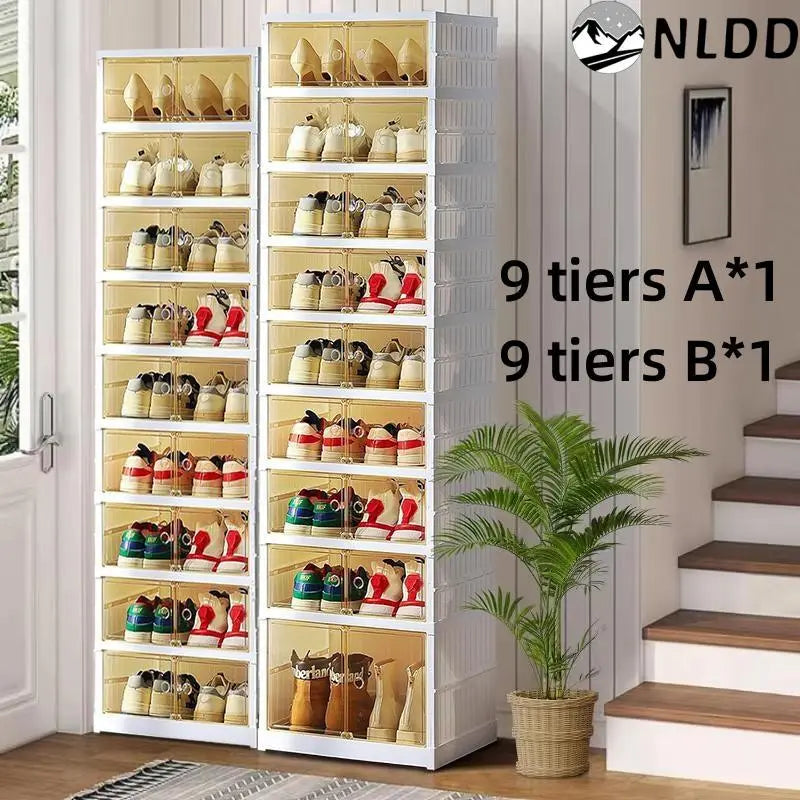 NLDD Expandable 9-Tier Shoe Rack with Clear Doors and Wheels: Collapsible Plastic Storage for 18 Pairs, Space Saving Cabinet for Bedroom Box Boxes, Shoe Box