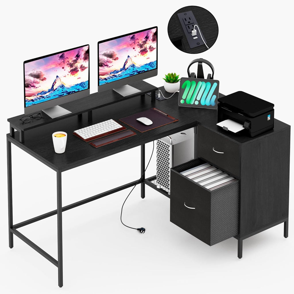 L Shaped Desk, Computer Desk with Power Outlets, Corner Desk with Drawers & Monitor Stand, Home Office Desk, Gaming Desk, Writing Desk, Brown